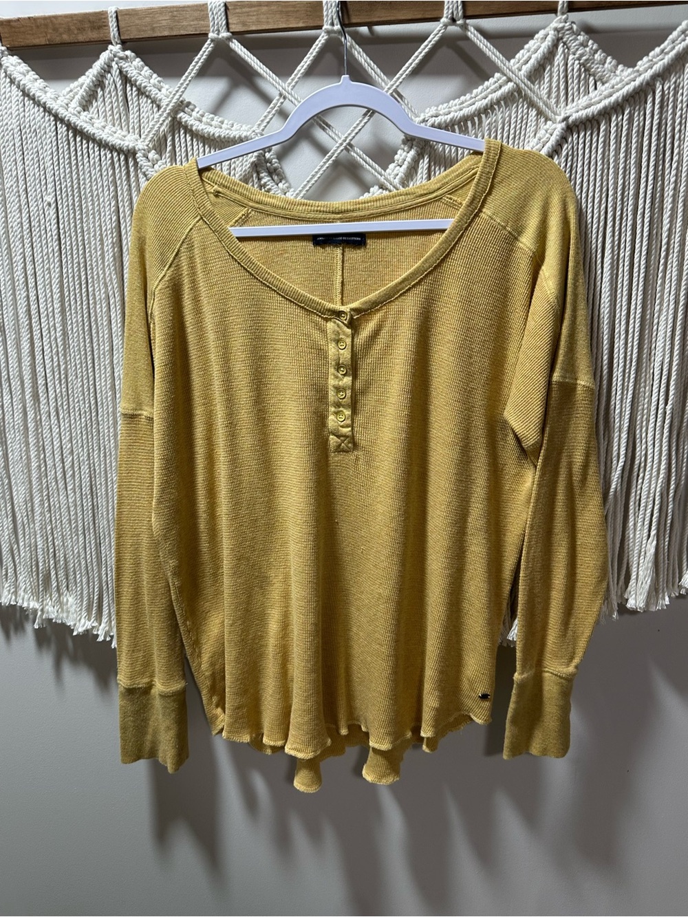 American Eagle Outfitters Mustard Ribbed Henley Long Sleeve Top